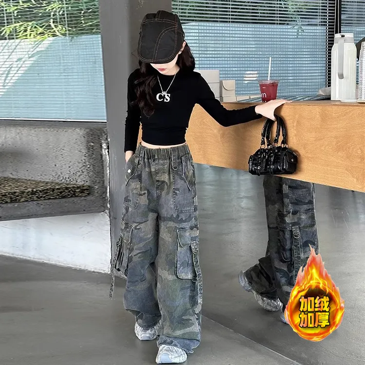 女童迷彩工装裤秋冬新款大童加绒加厚裤子冬季女孩时髦炸街阔腿裤