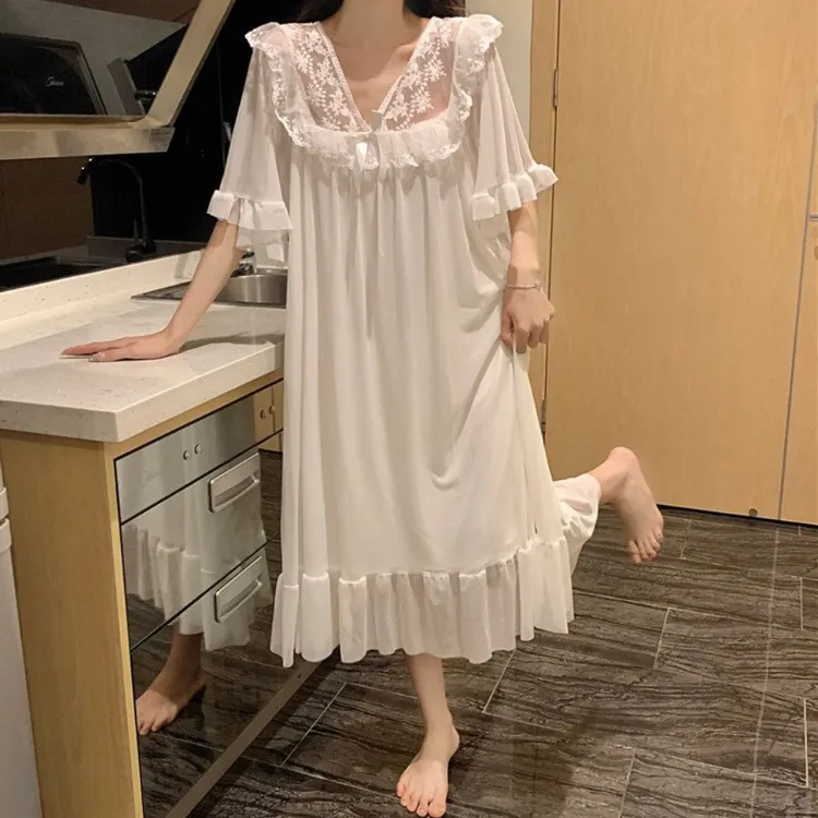 睡衣女夏季短袖睡裙新款公主蕾丝花边纯欲睡裙66661