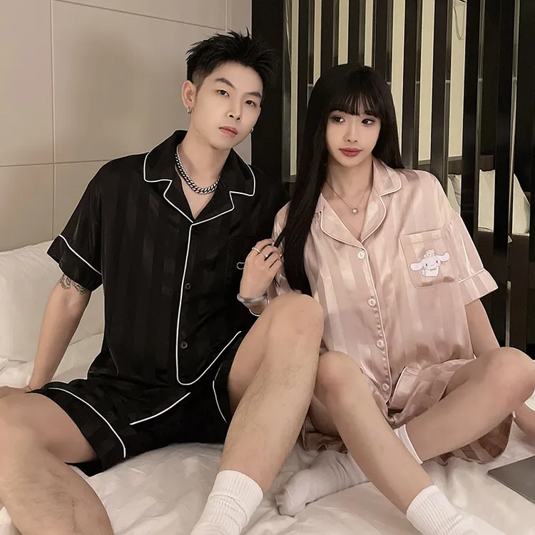 玉桂狗情侣冰丝睡衣女夏季短袖短裤薄款套装男女生大码可爱家居服