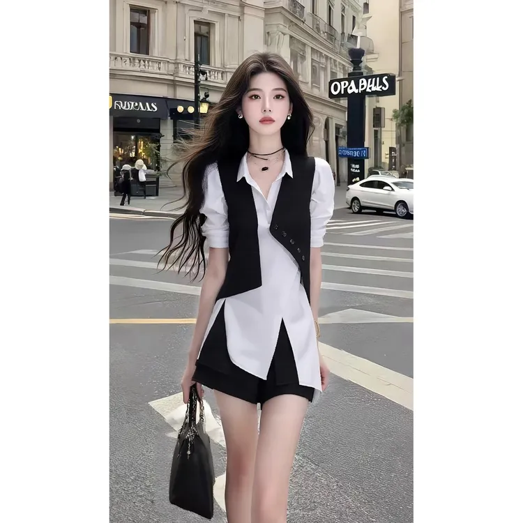 2025夏季新款小众设计不规则Polo领短袖修身两件套时尚百搭女装