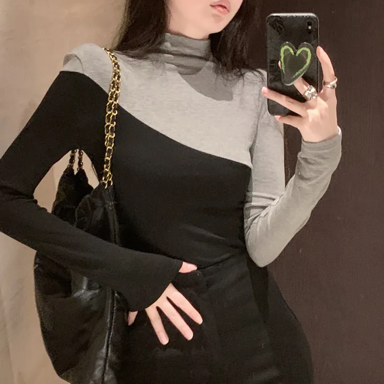 微胖大码胖MM早秋长袖显瘦撞色打底衫百搭半高领女保暖内搭上衣
