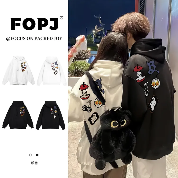 FOPJ春秋新款连帽套头印花卫衣女韩版百搭休闲加绒情侣上衣外套潮