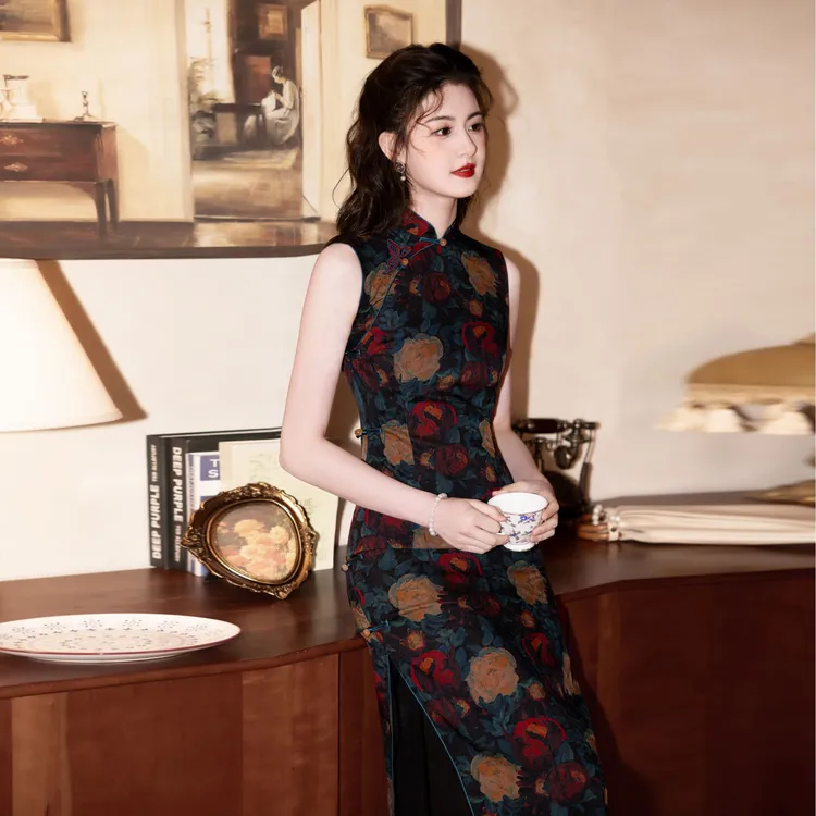 【花迪】2025春夏少女新款无袖复古港风中式旗袍时尚显瘦日常走秀服
