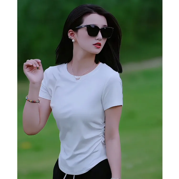 品牌23005纯色短袖纯色T恤夏季t恤巨遮肚子显瘦上衣显瘦网红休闲