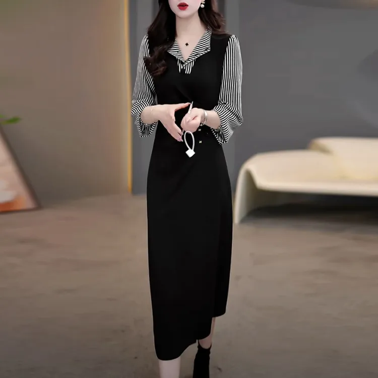 弹力精纺2025春季新款气质轻奢黑色显瘦气质优雅时尚长袖连衣裙子