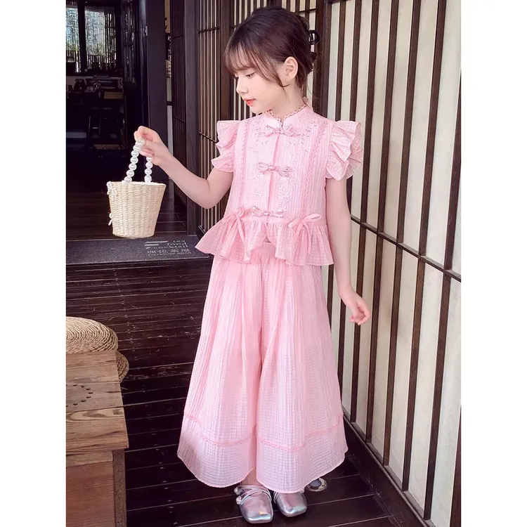 女童夏装2025新款洋气时髦大童套装儿童夏季新中式国风女孩两件D