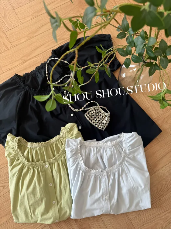 【瘦瘦】大码夏季方领花边拼接全棉百搭减龄宽松娃娃衫S01696