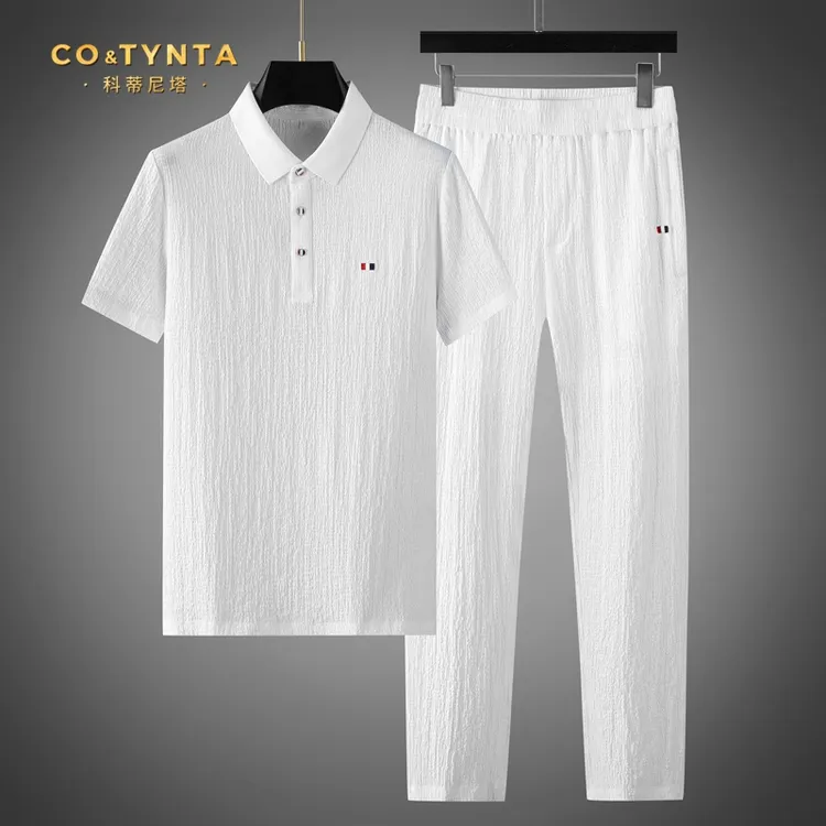 COTYNTA夏季轻奢褶皱棉休闲运动套装男轻薄舒适透气时尚翻领短袖
