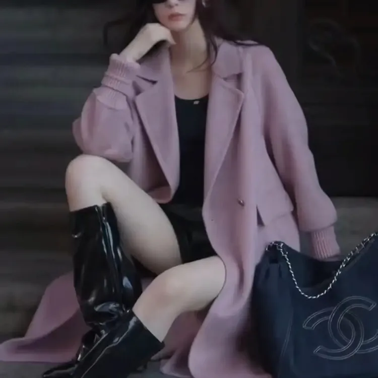 智慧之芳秋冬高端羊绒双面呢长大衣西服领中长款设计外套