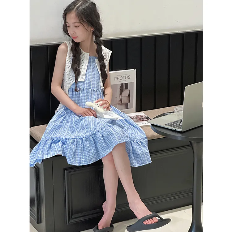 K28901镂空女童连衣裙套装2025新款休闲夏装儿童罩衫裙子两件套潮