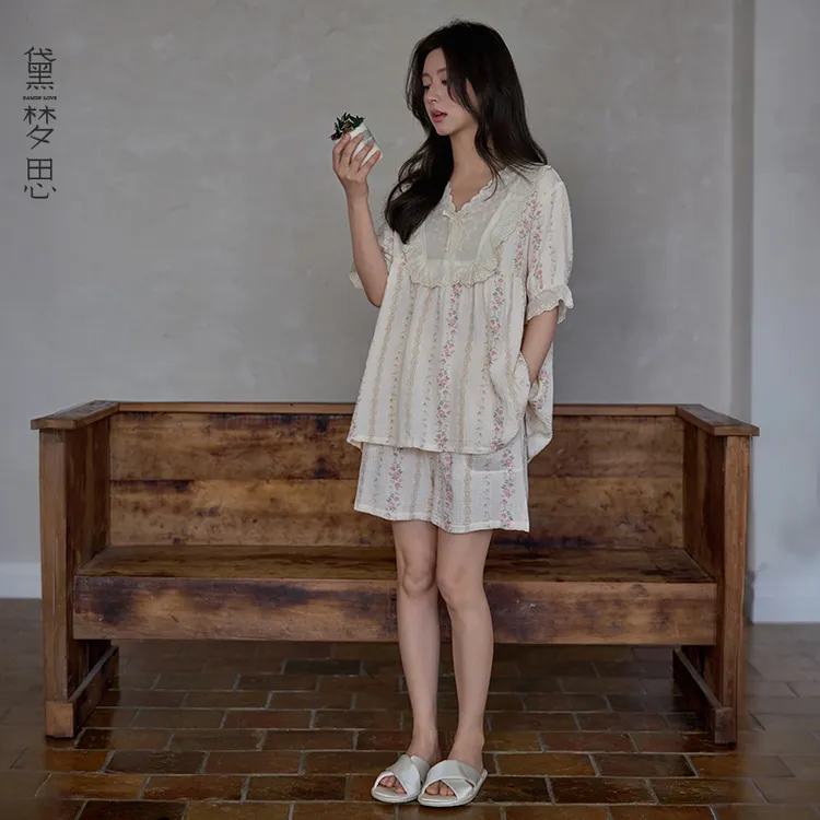 黛梦思睡衣女夏季纯棉短袖短裤套装夏天可外穿甜美女大学生家居服
