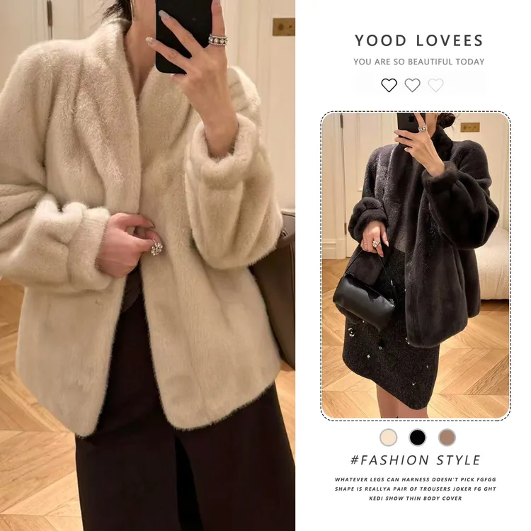 2025韩系秋冬新款复古宽松显瘦V领简约百搭时尚加绒毛毛外套女装