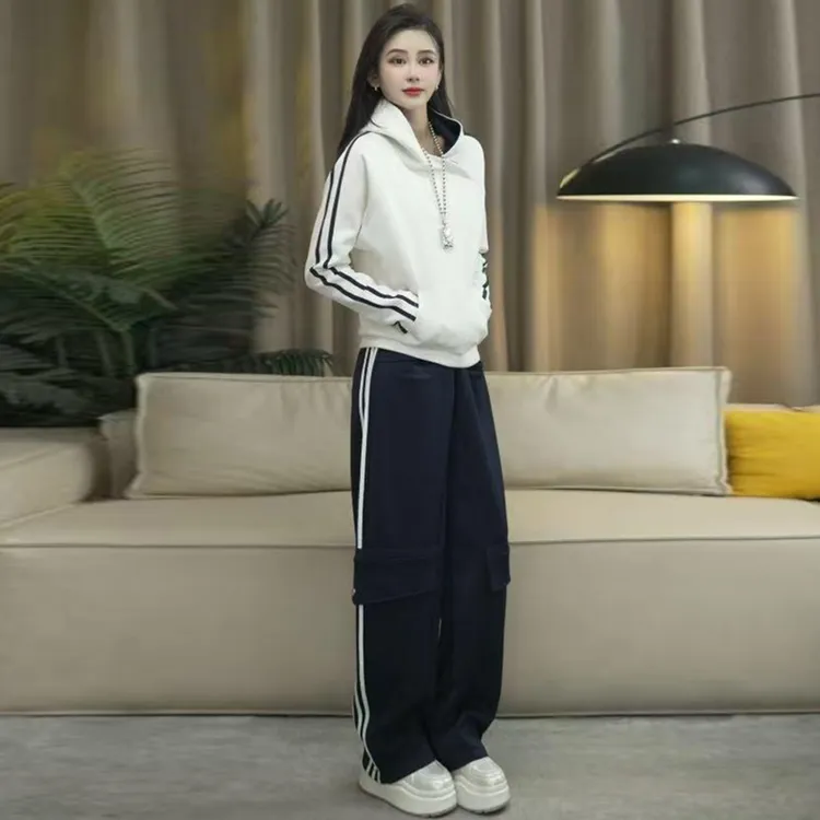 高含棉时尚休闲套装女2025春秋新款撞色条纹连帽卫衣阔腿裤两件套