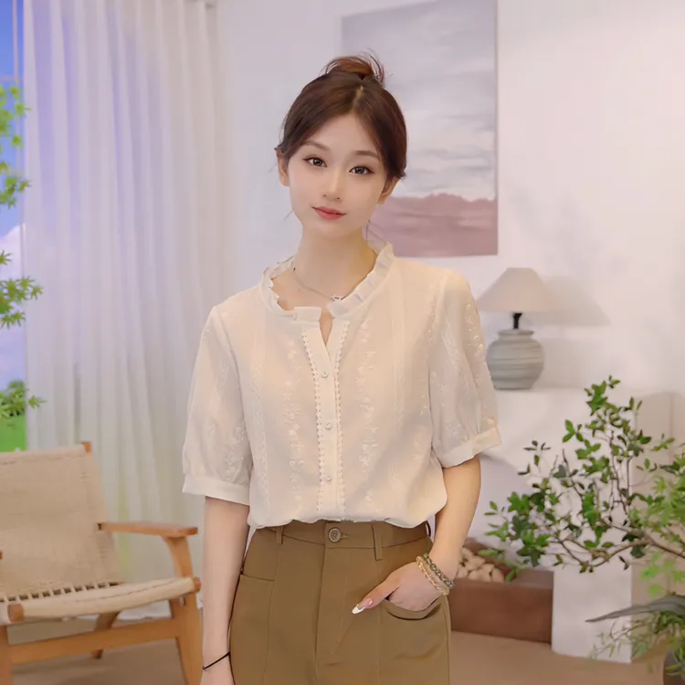 茵曼秋季新款木耳领提花短袖衬衫女洋气上衣纯欲慵懒风女装