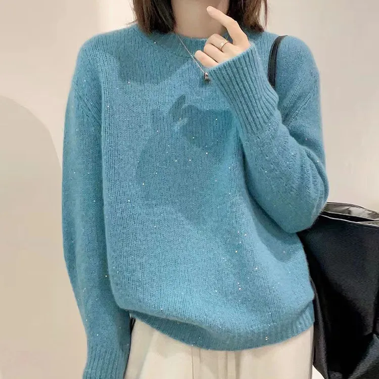 100纯羊毛衫女秋冬亮丝加厚时尚针织打底衫宽松百搭羊绒纯色毛衣