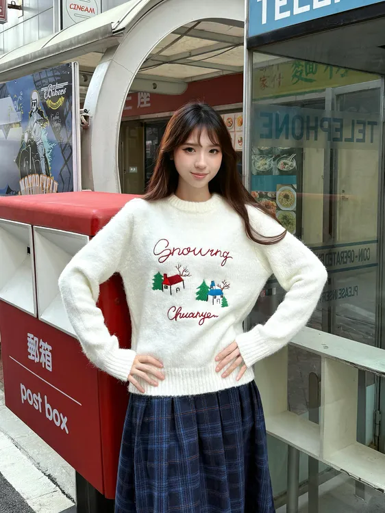 YZBZ燕子美式复古刺绣套头毛衣宽松休闲ins慵懒风圆领