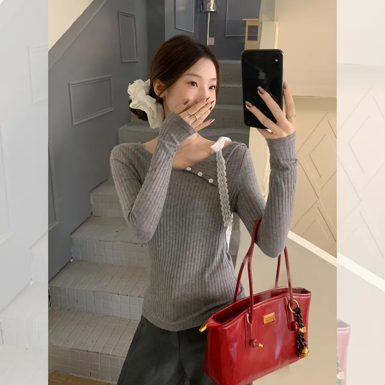 纯欲花灰斜肩蕾丝绑带长袖T恤女2025早秋新款纽扣收腰不对称上衣