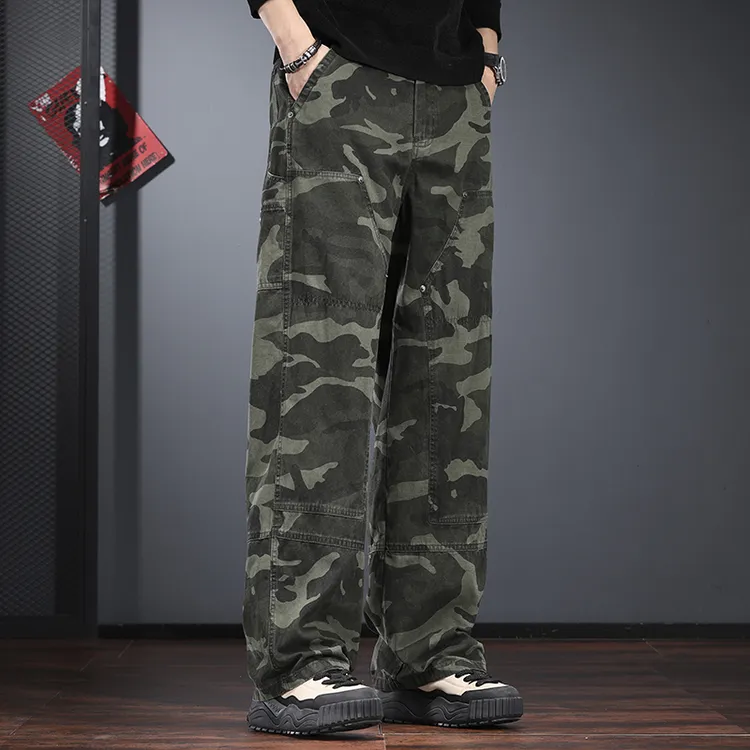 直筒宽松阔腿裤男秋冬季潮牌美式复古痞帅高街迷彩工装伐木休闲裤