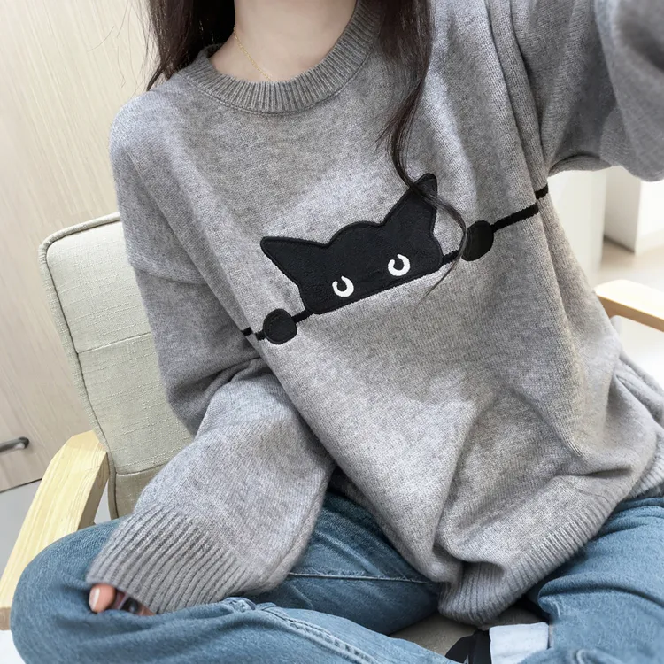 秋冬洋气提花圆领套头韩系减龄毛衣女宽松百搭厚实保暖针织衫上衣