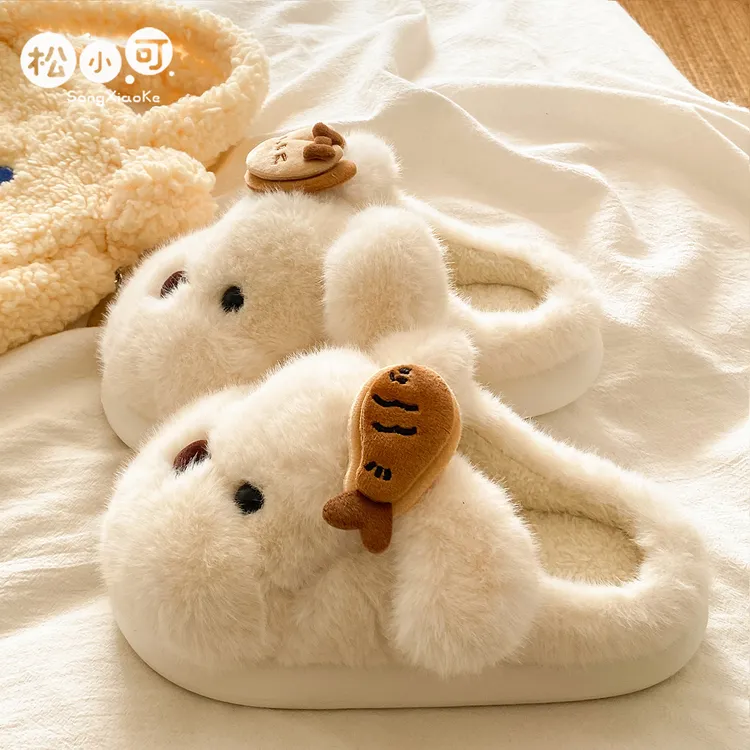 松小可家居学生可爱外穿冬季保暖加绒厚底毛毛鞋可爱情侣棉拖鞋女