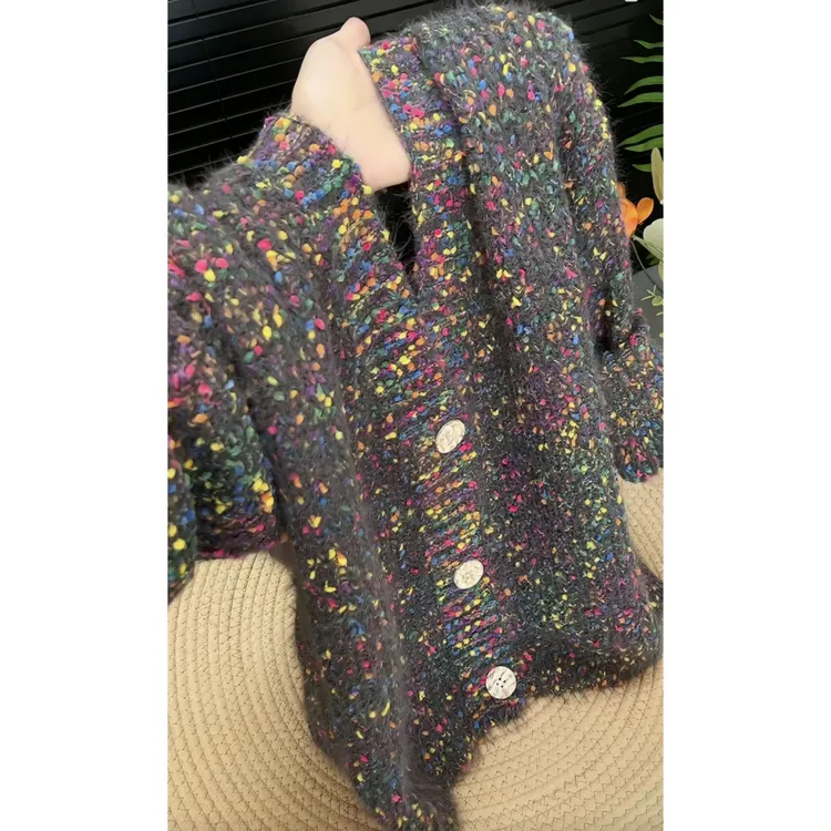 复古彩点毛衣外套女2025年秋冬新款慵懒宽松软糯花线针织v领上衣