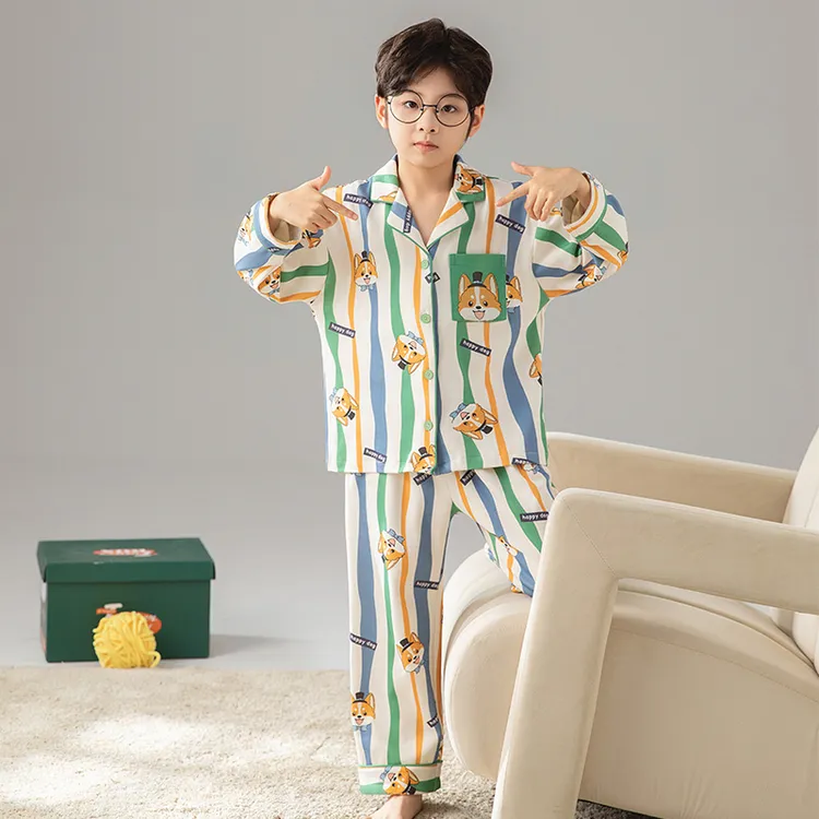 儿童睡衣男童纯棉长袖春秋装中大童卡通水豚宝宝青少年家居服套装