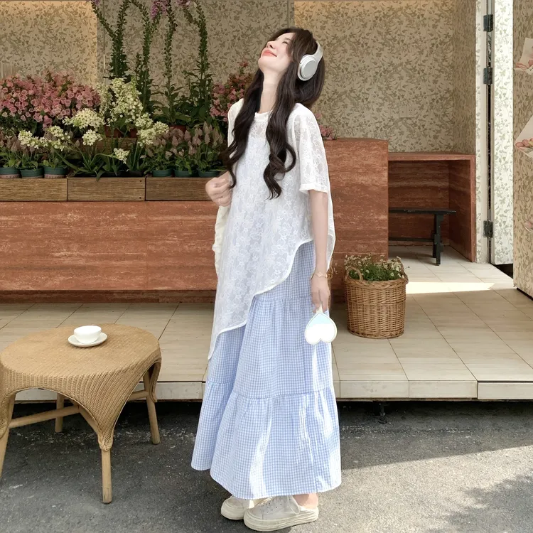 文艺森系小清新减龄一整套女夏季不规则蕾丝罩衫格纹连衣裙两件套