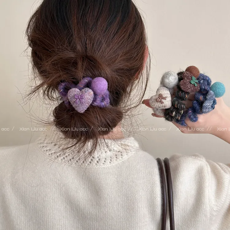 甜美爱心毛毡球电话线发圈女扎丸子头马尾发绳高弹力耐用皮筋发饰