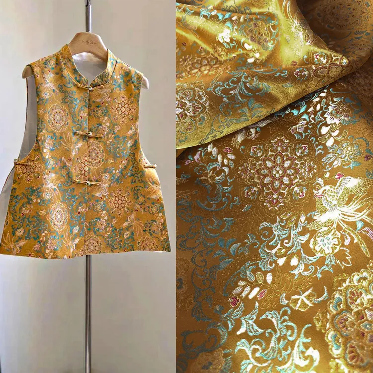 新中式双凤宝相宋锦花提花面料马甲外套旗袍半裙发饰布料