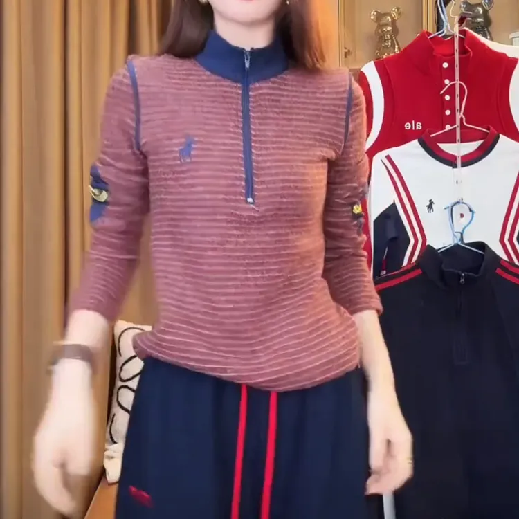 设计感撞色半高领双面磨毛长袖T恤女2025秋冬新款ins显瘦百搭上衣