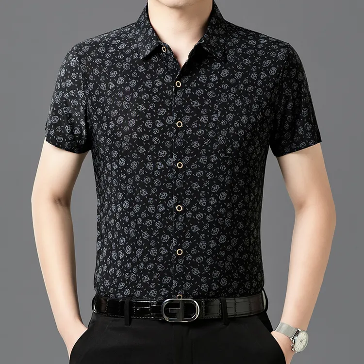 薄款新款男士衬衫夏季冰丝爸爸装弹力男装休闲时尚短袖衬衣男寸衣