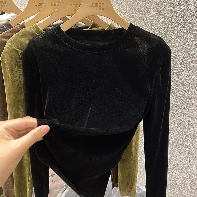 圆领长袖丝绒T恤女早春设计感小众黑色宽松打底衫洋气高级感上衣