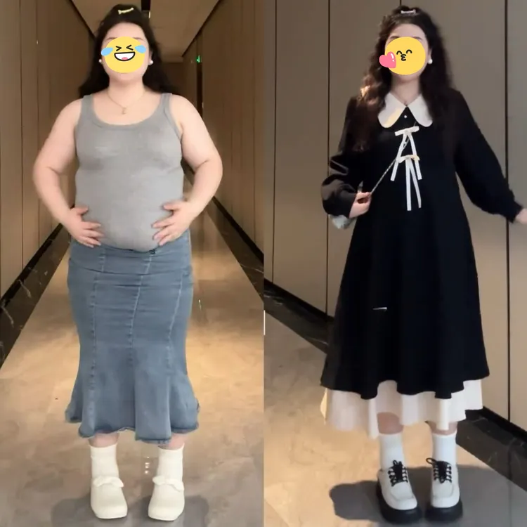 黑色娃娃领长袖连衣裙女春秋新款大码胖mm显瘦法式温柔风打底长裙