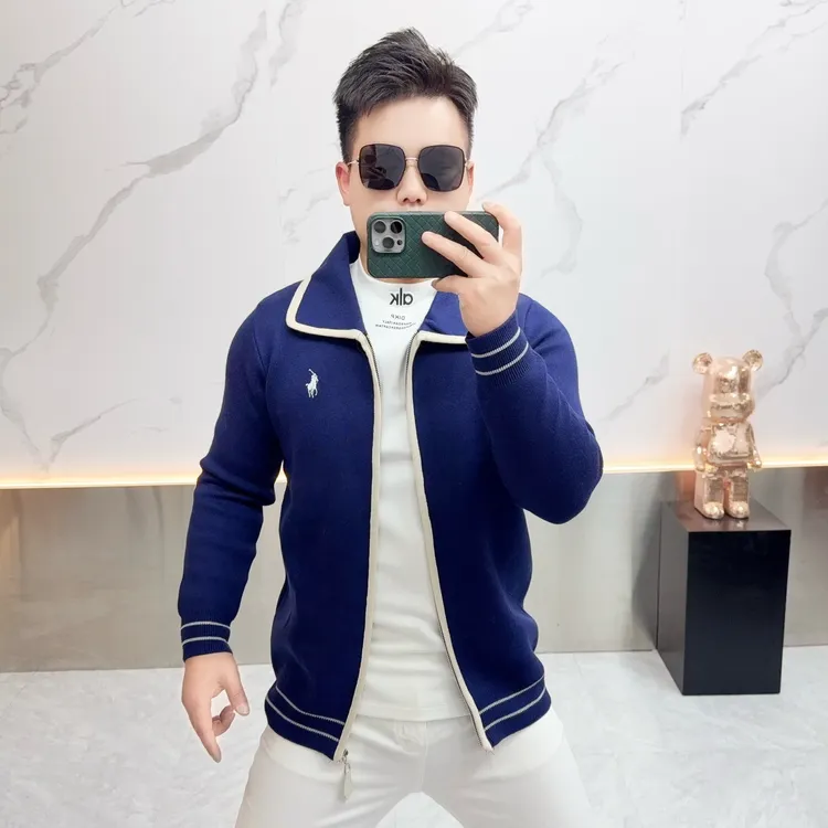 高档翻领针织拉链开衫外套男秋季男士时尚针织衫毛衣轻奢青年男装