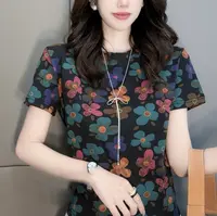 黑色花朵 夏季时尚女士碎花短袖百搭别致设计印花圆领T恤上衣2162