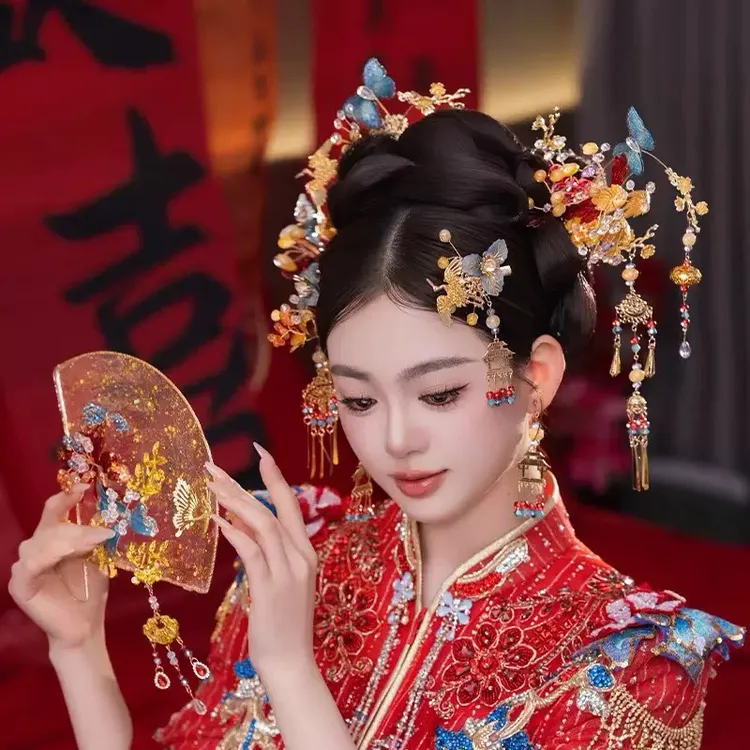 配饰超仙头饰结婚红色中式拼色景泰蓝古装民族风步摇婚庆饰品