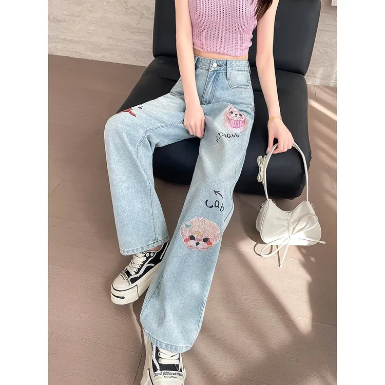 卡通小狗印花牛仔裤女2025夏季薄款可爱减龄甜辣窄版直筒阔腿裤子