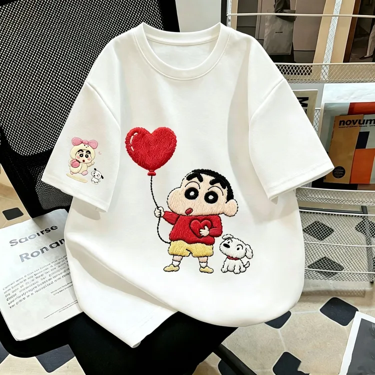 爱心蜡笔小新~夏季百搭100纯棉中大童短袖T恤韩版宽松亲子系ck