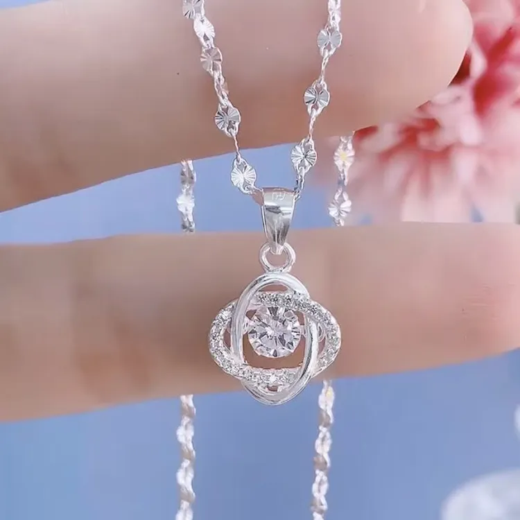 坠链均足银合成锆石 足银小众百搭气质四叶草坠➕雪花链项链吊坠