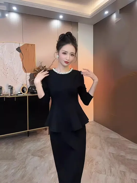 名媛风秋季收腰韩版显瘦两件套荷叶边上衣黑色半身裙套装B小香风