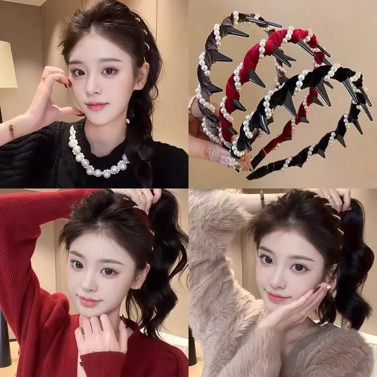 植绒珍珠波浪高颅顶发箍女2025新款秋冬款高级感碎发整理头箍发卡