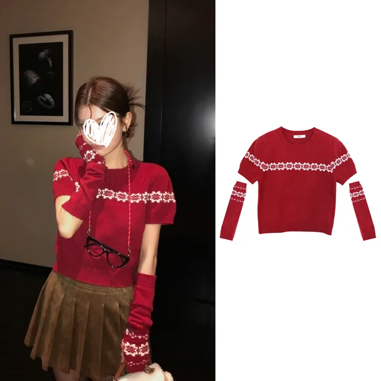 2455#费尔岛针织衫短袖复古毛衣提花袖套短款显瘦上衣