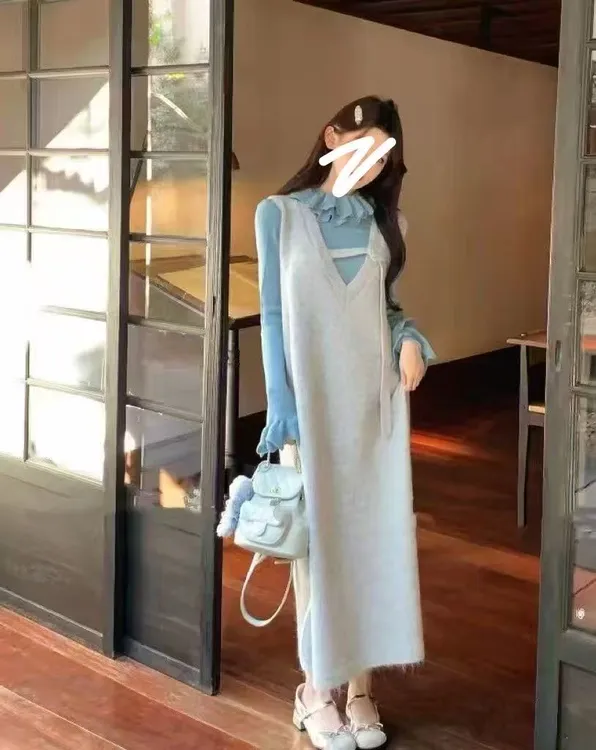 2025秋冬洋气时尚显瘦胖mm气质花瓣领针织衫内搭+针织裙套装6363