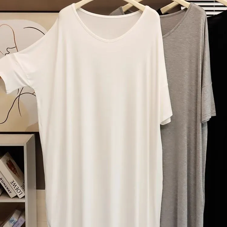 慵懒风莫代尔大V领T恤宽松女货号89636