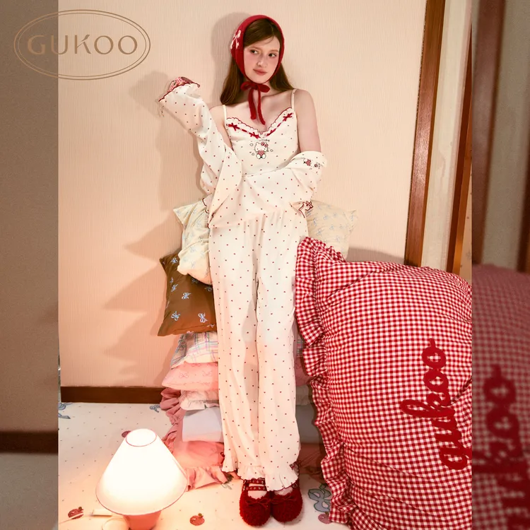 【Gukoo果壳】秋季睡衣hellokitty波点甜美长袖女士家居服三件套
