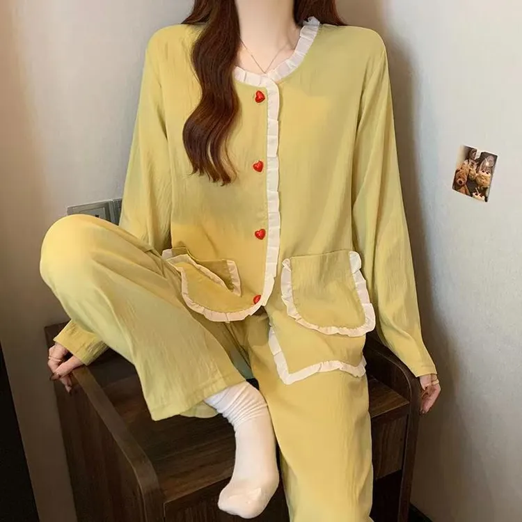 ins甜美云朵棉长袖睡衣女带胸垫甜美爱心纽扣可外穿家居服两件装