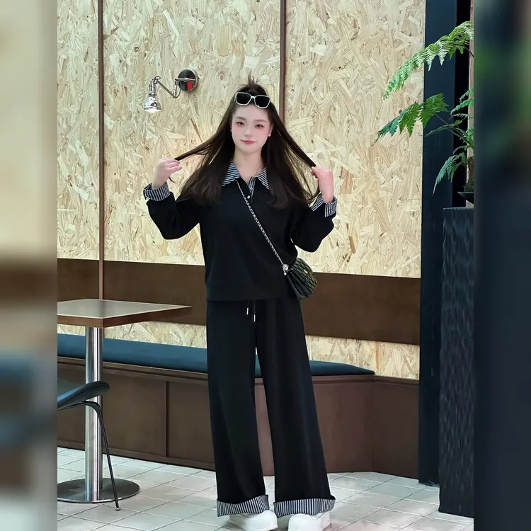 楠序【潇湘书院】魏魏微胖女装秋翻领拼接假两件卫衣套装女NX13808