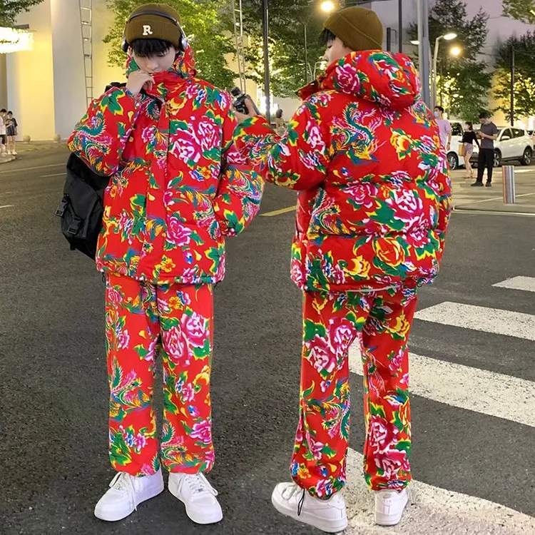 东北大花棉袄套装男女款冬季潮流网红棉服中国风加厚外套情侣棉衣