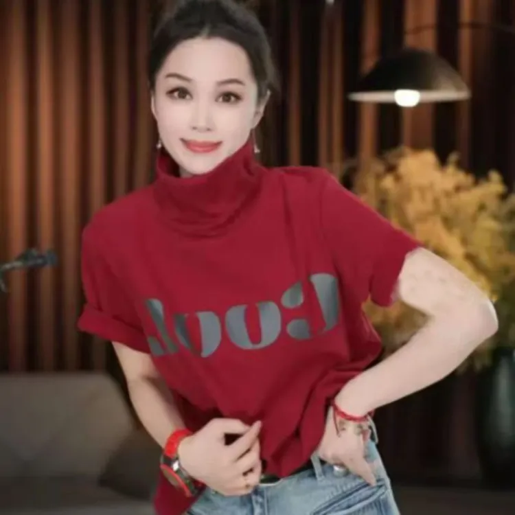 女装红色T恤减龄宽松显瘦百搭衣服半高领打底衫休闲晚宴场合女装