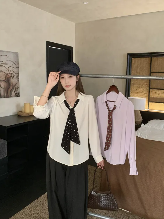 大码女2025秋季新款胖mm显瘦百搭气质波点领带衬衫长袖上衣80357